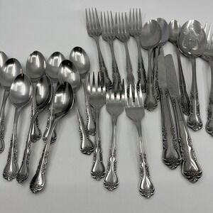 24 Rogers Rose Floral Glossy Stainless Flatware And Serving Spoon Fork Korea Vtg